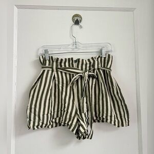 L’agence Alex Striped Linen Blend Paperbag Shorts Olive Green Ivory Size 4 $295